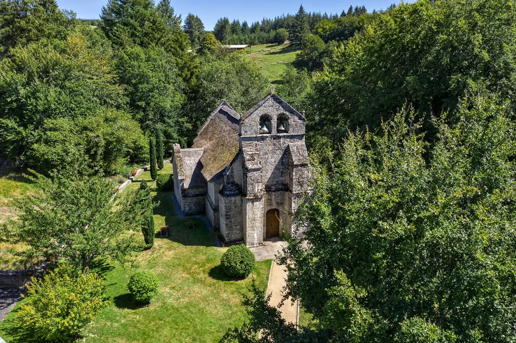 Thatched church in Lestards - aerial view