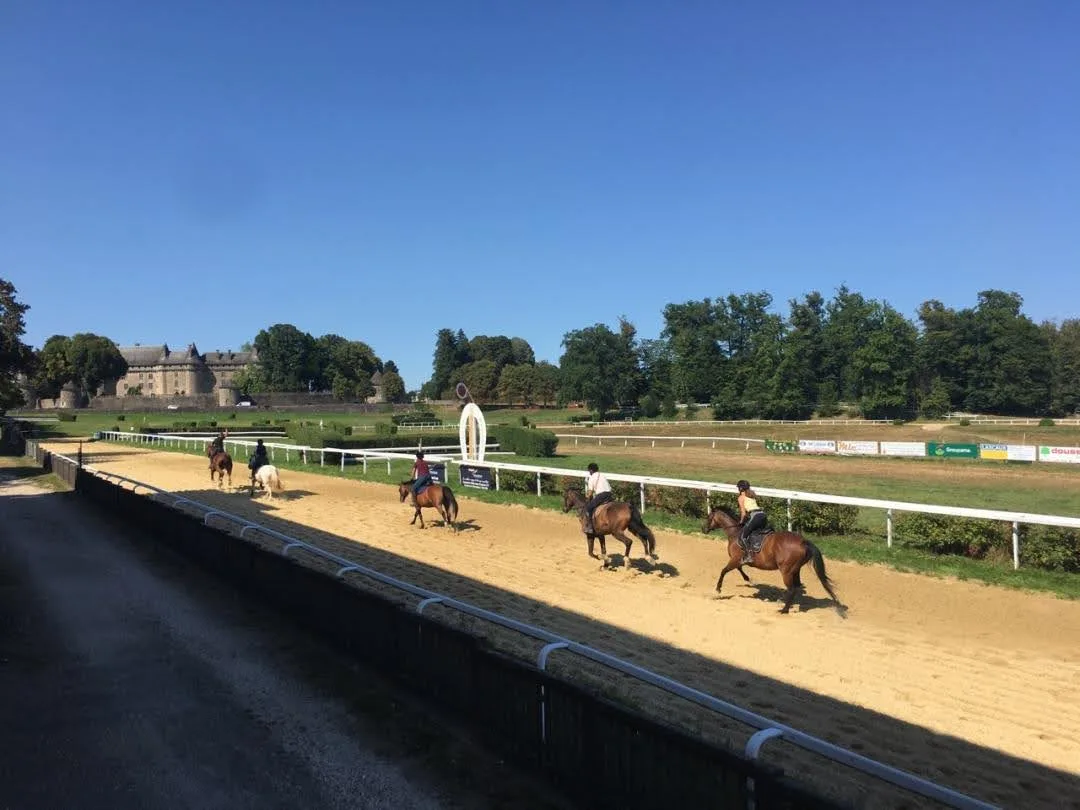 Hippodrome de Pompadour - chevaux et cavaliers au galop - ligne d'arrivée